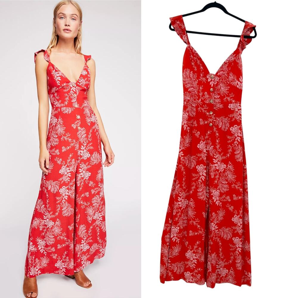 Free People Be The One Jumpsuit Floral‎ Print Button Wide Leg Red Size 4